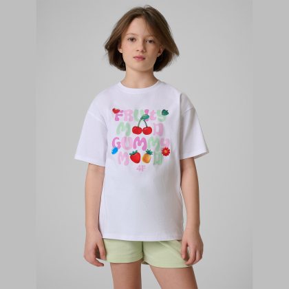T-shirt loose s potlačou dievčenský - biely