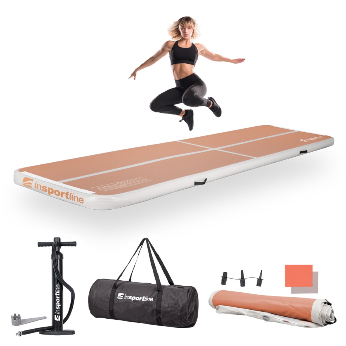 Airtrack inSPORTline Airstunt 400x100x10 cm mocha mousse s ručnou pumpou · záber 1