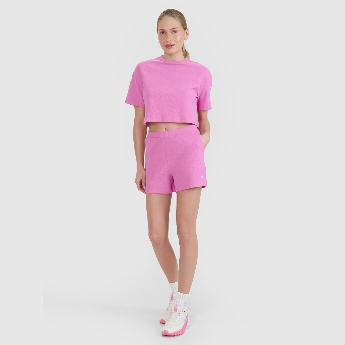Dámske crop-top tričko z vaflovej pleteniny - ružový · záber 2