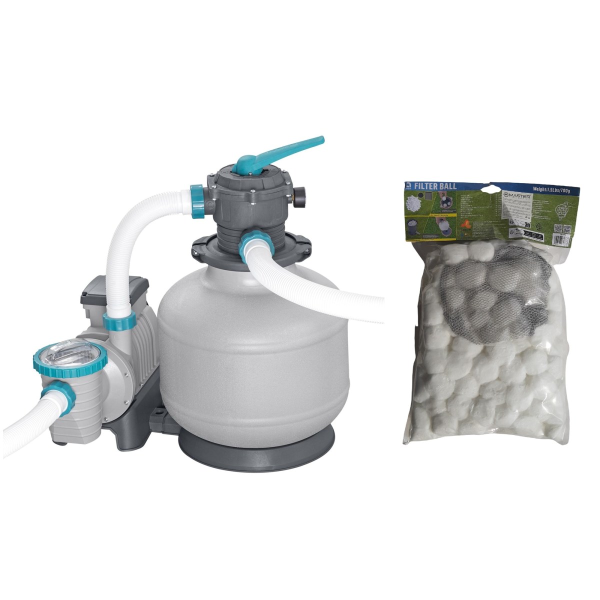 Akčný set - piesková filtrácia BESTWAY Ultra Evo - prietok 11.355 l/h + filtračná náplň Fiber Ball 700g · záber 1
