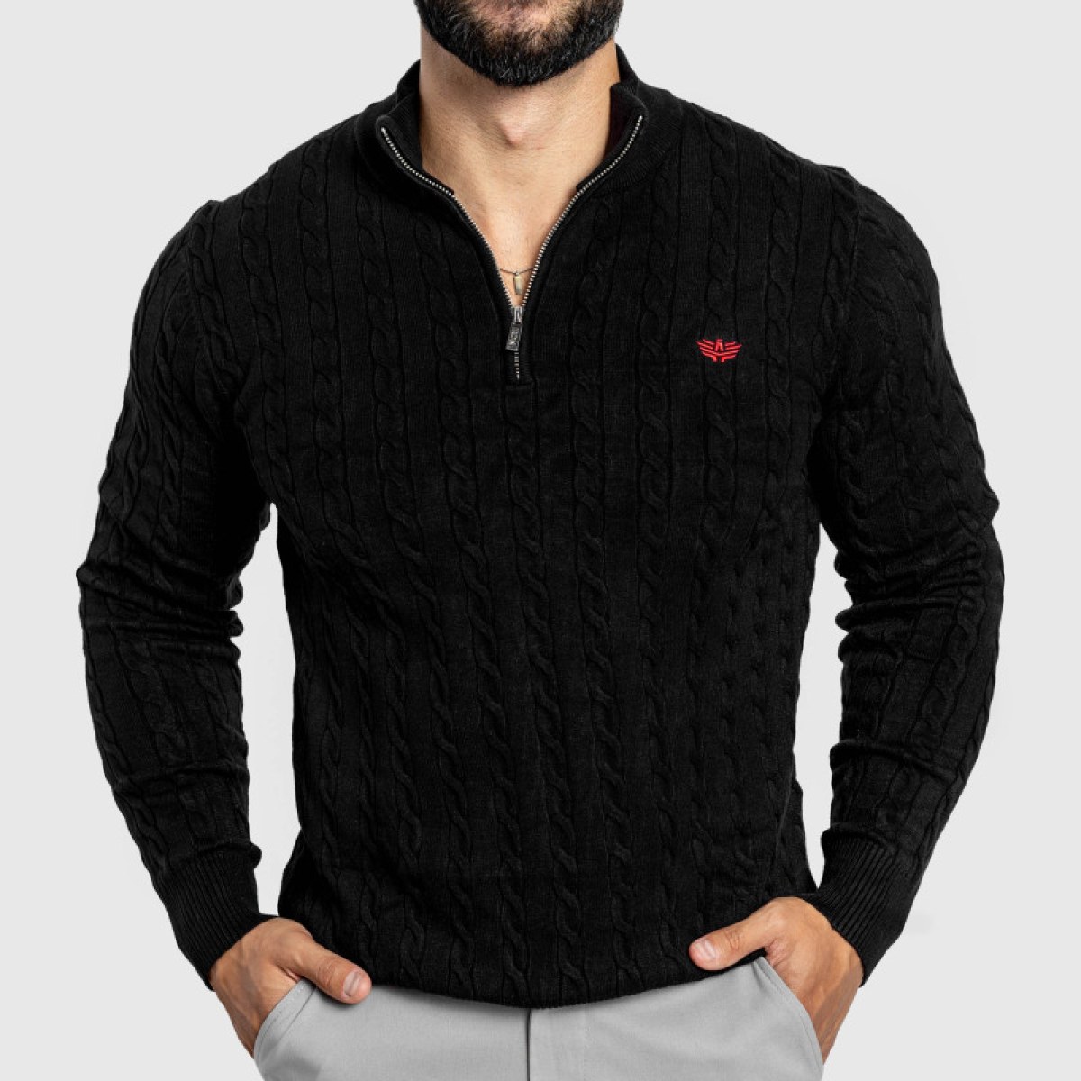 Pánsky sveter Iron Aesthetics Cable Knit, čierny · záber 1