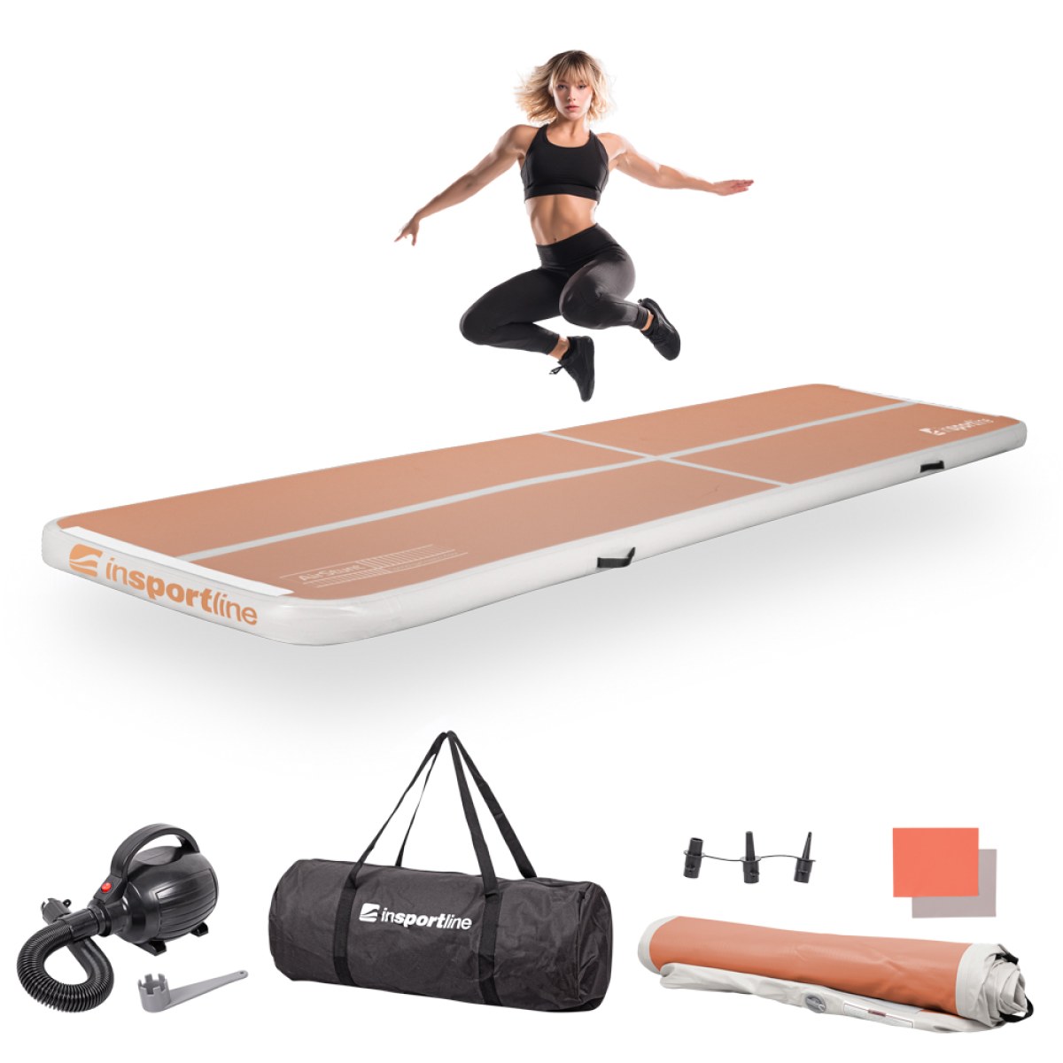 Airtrack inSPORTline Airstunt 400x100x10 cm mocha mousse s elektrickou pumpou · záber 1