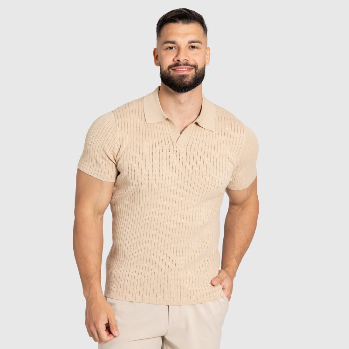 Pánske tričko Iron Aesthetics Polo Knit, béžové · záber 1