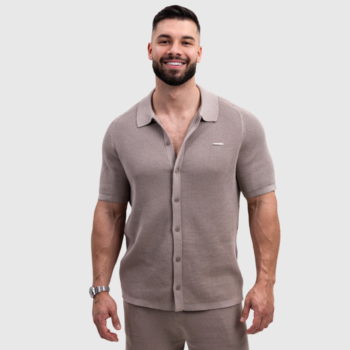 Pánska pletená košeľa Iron Aesthetics Vibe, béžová · záber 1