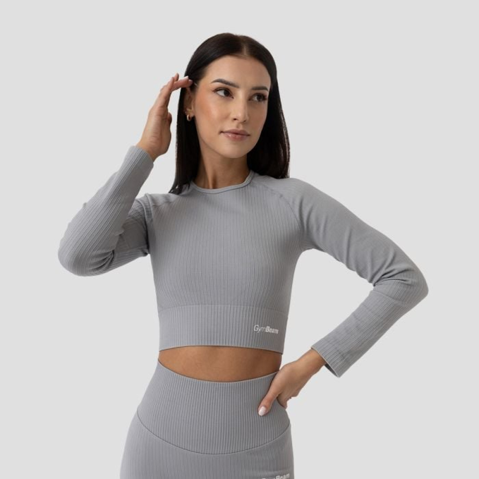 GymBeam Dámske tričko FLO Ribbed Crop-Top Grey SS · záber 1